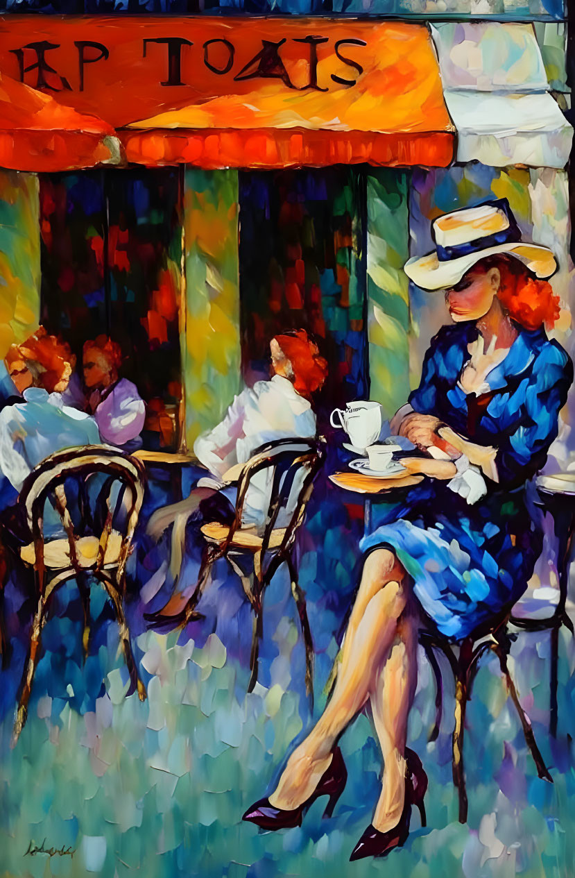 Colorful painting of woman in blue dress at café table