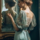 Vintage Blue Dress Woman Admiring Reflection in Mirror