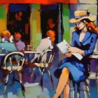 Colorful painting of woman in blue dress at café table