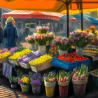 Vibrant outdoor flower market with sunlit ambiance