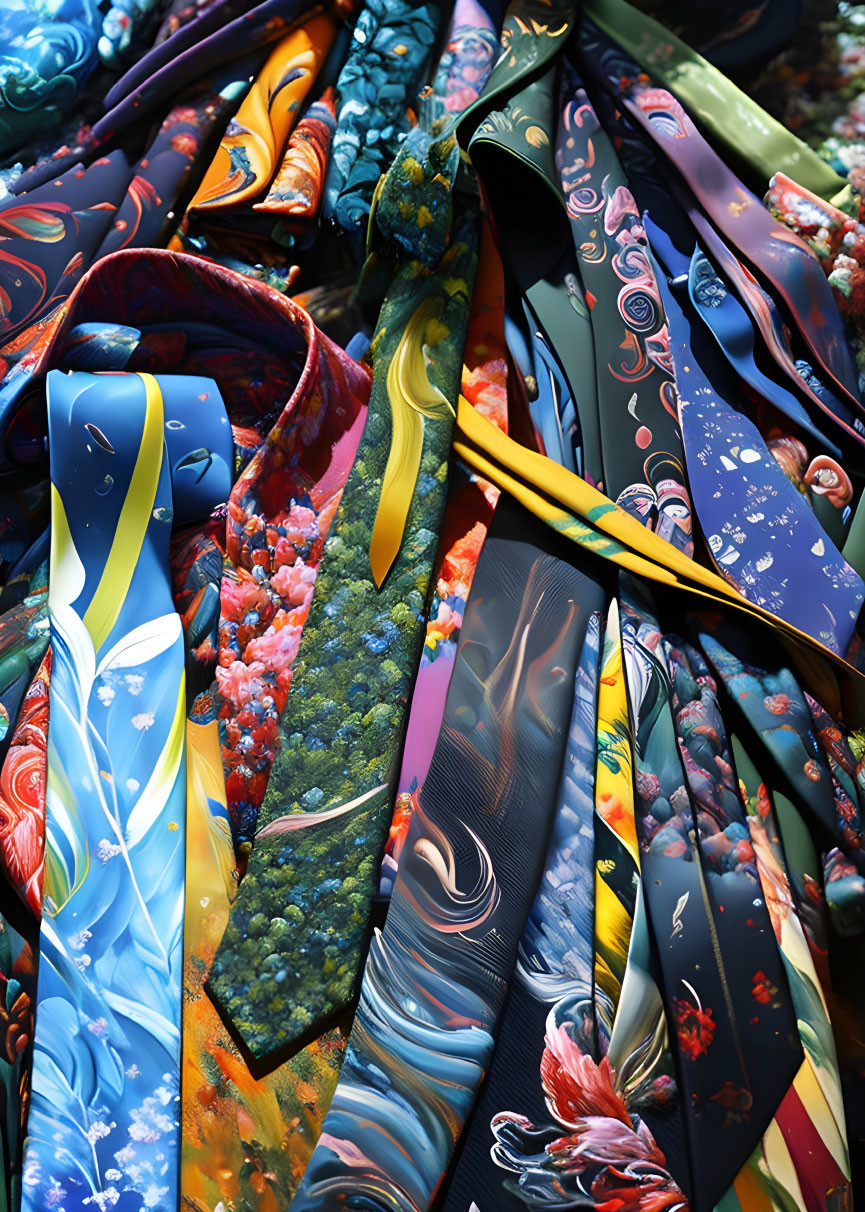 Colorful Silk Ties Collection with Various Patterns Displayed