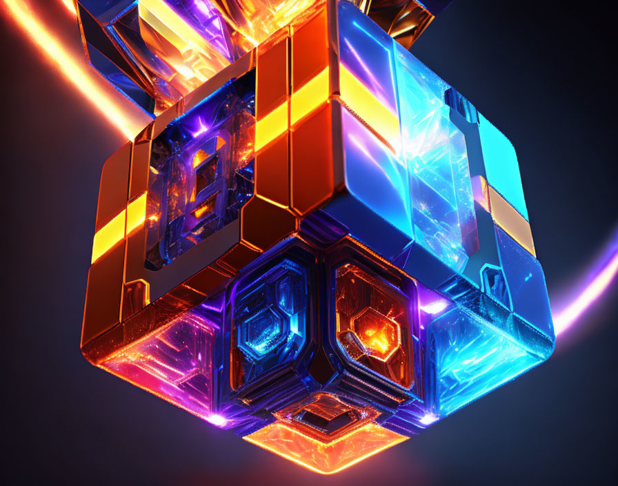 Colorful 3D digital art of complex geometric structure with glowing blue and orange crystals