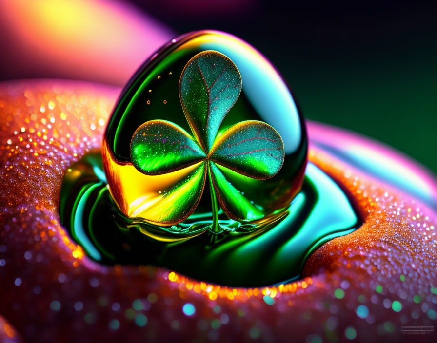 Colorful water droplet refracts four-leaf clover on glittery surface