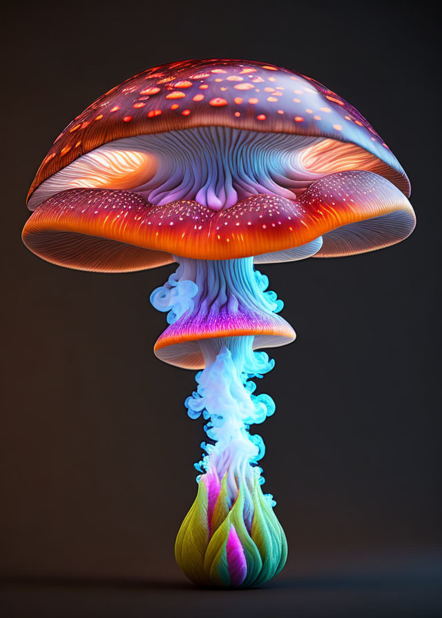 Vibrant digital artwork: Colorful jellyfish with textured cap and luminous tentacle trail