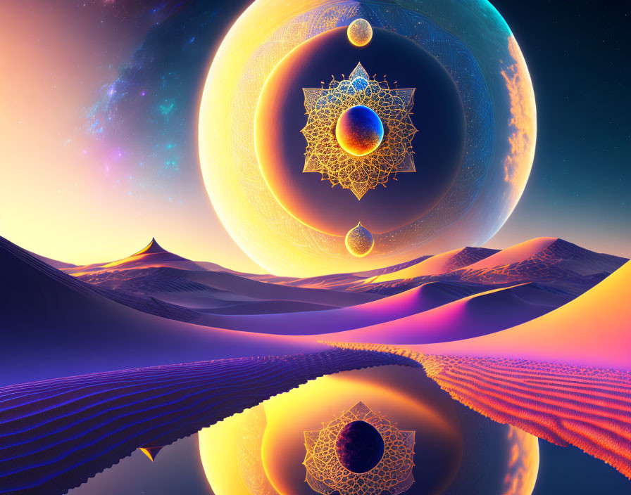 Surreal desert landscape with rolling dunes and cosmic sky