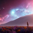 Astronaut on alien planet with vibrant flora and colorful cosmos