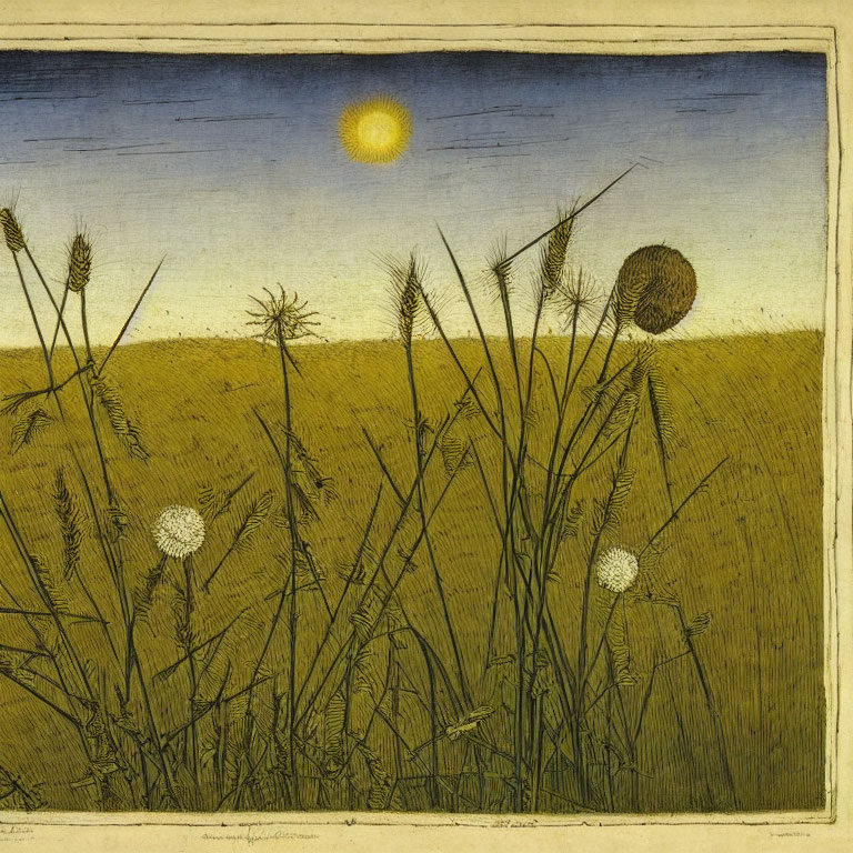 Rural landscape print with tall grasses, golden field, and sunny sky