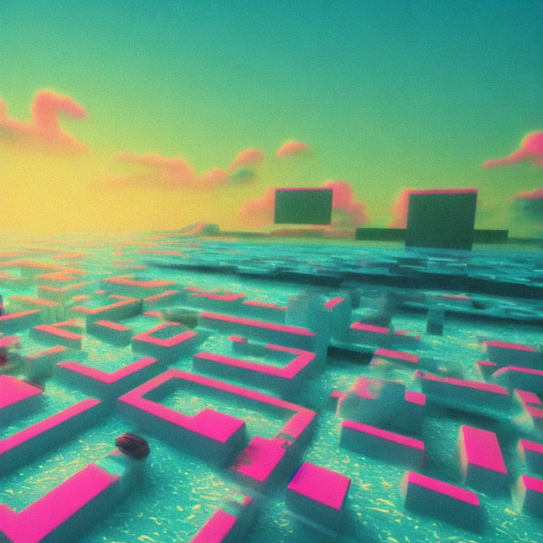 Surreal neon-lit landscape with pink cubic structures on reflective watery surface