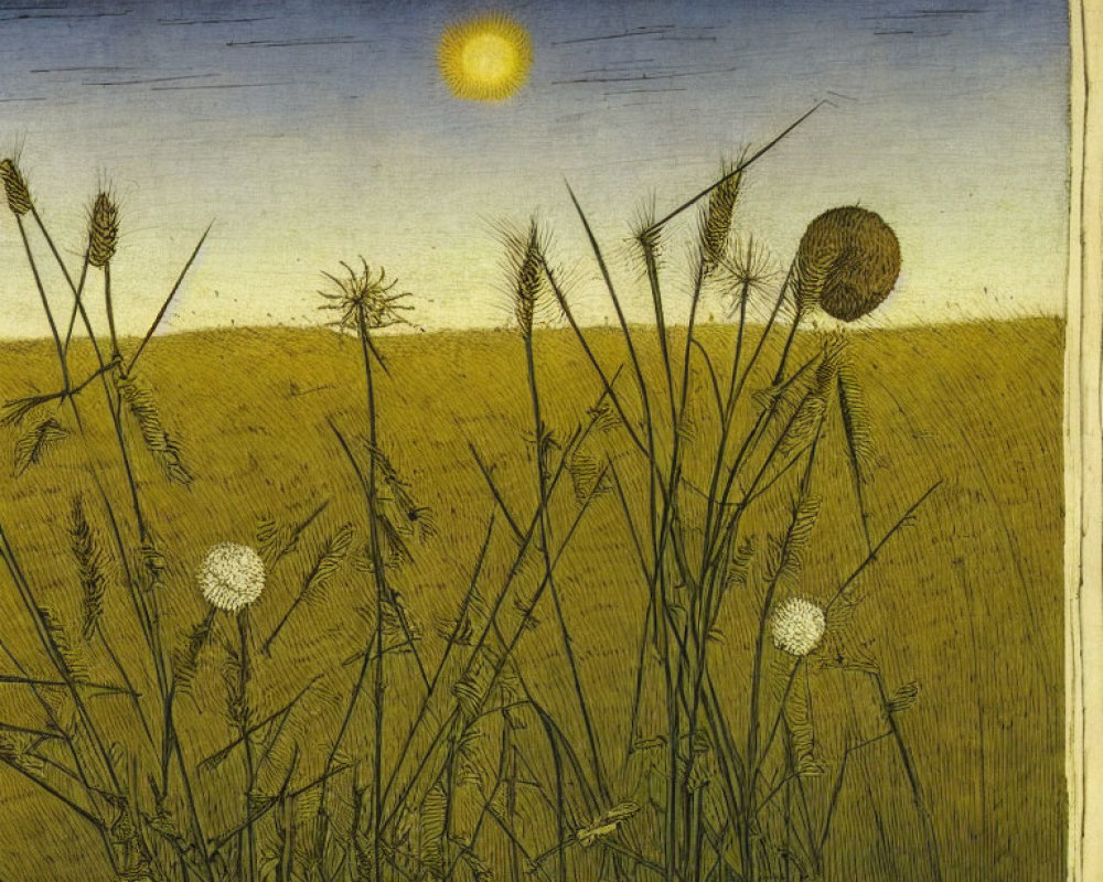 Rural landscape print with tall grasses, golden field, and sunny sky