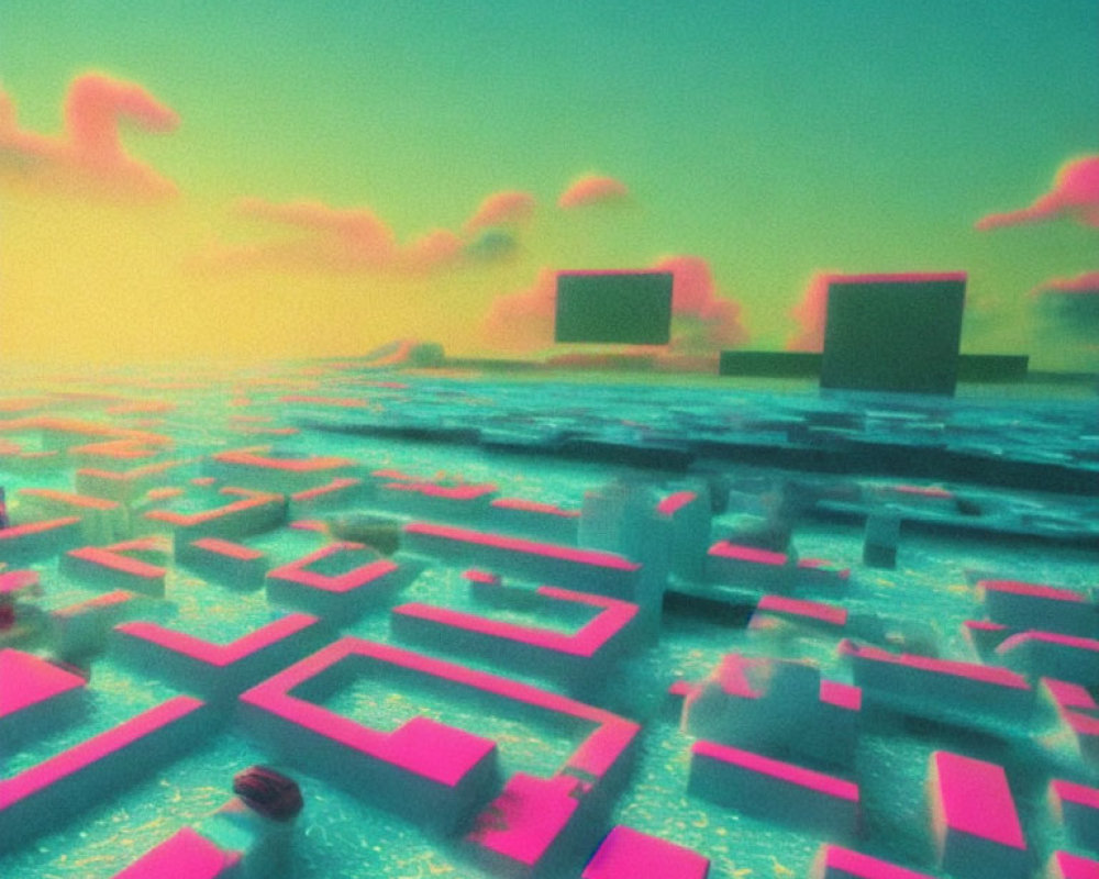 Surreal neon-lit landscape with pink cubic structures on reflective watery surface