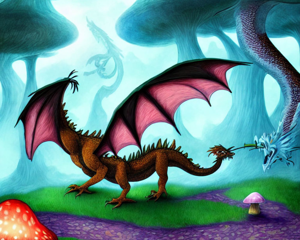 Vibrant two-headed dragon in fantastical forest with large mushrooms and whimsical trees