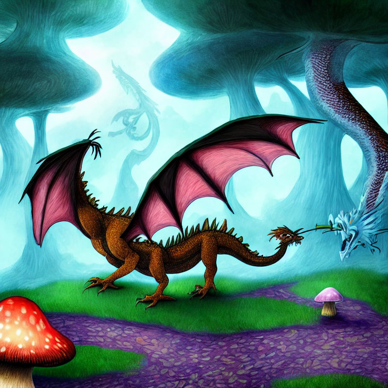 Vibrant two-headed dragon in fantastical forest with large mushrooms and whimsical trees