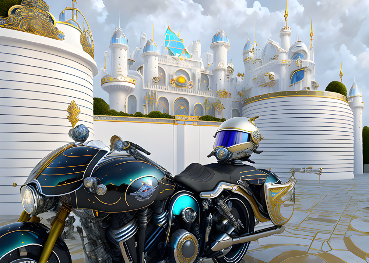 Shiny motorcycle with helmet in front of majestic castle