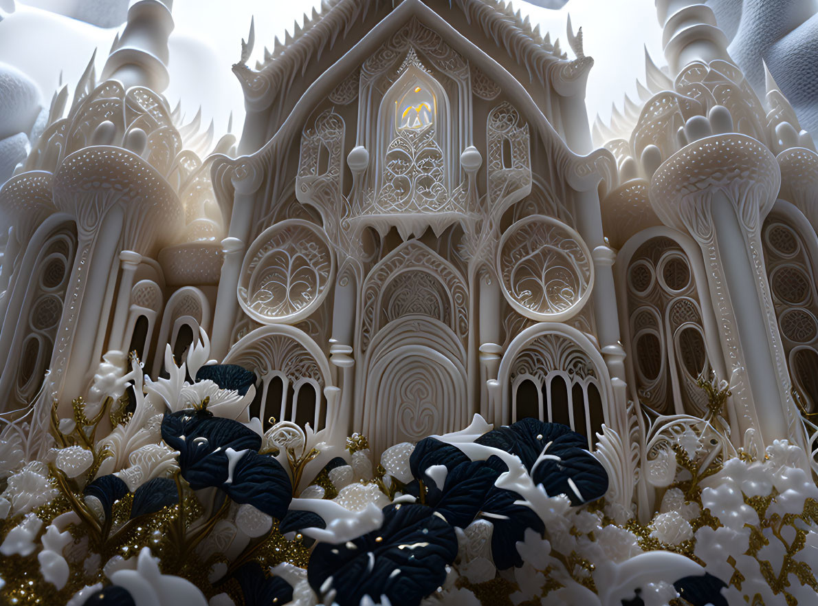 Intricate Gothic architecture of white and gold palace with stylized flora under cloudy sky