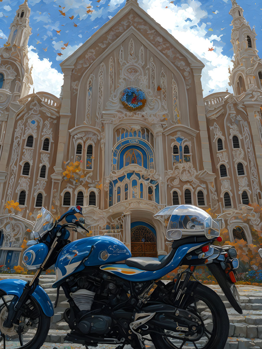 Blue Motorcycle Parked in Front of Ornate Gothic Church with Falling Autumn Leaves