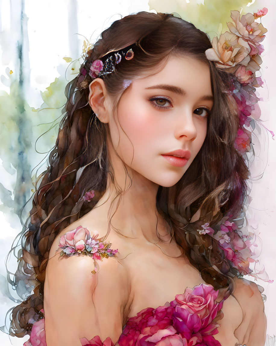 Digital artwork featuring young woman with floral hair and dress