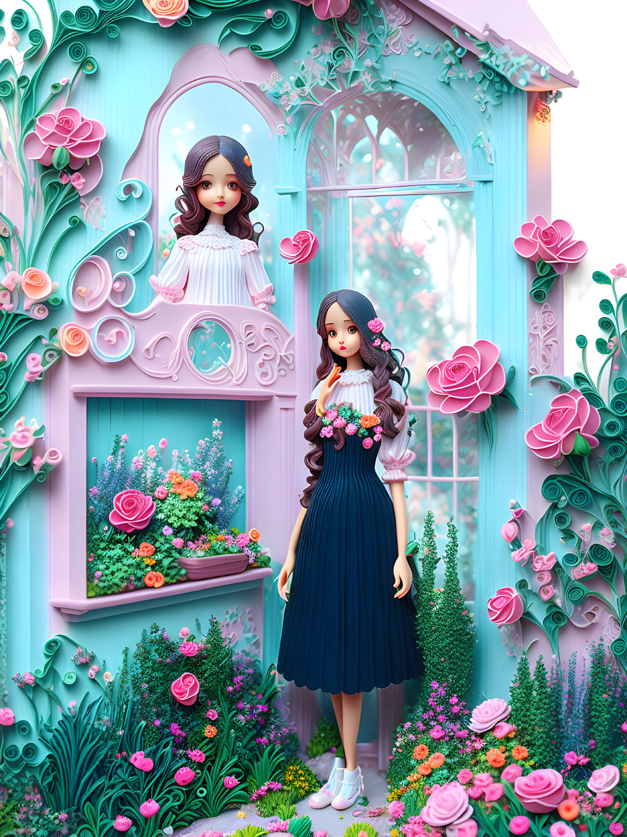 Stylized dolls with long hair in whimsical garden with turquoise door & blooming flowers