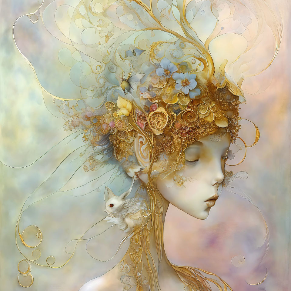 Ethereal artwork of woman with gold hair, flowers, and bird on dreamy background