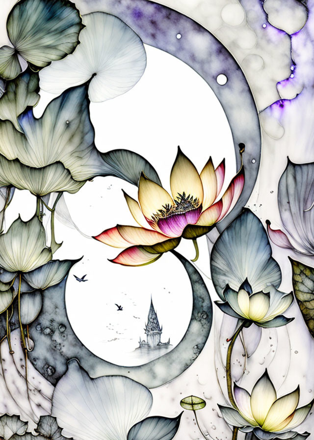 Ethereal lotus flowers, crescent moon, castle, birds in dreamlike illustration