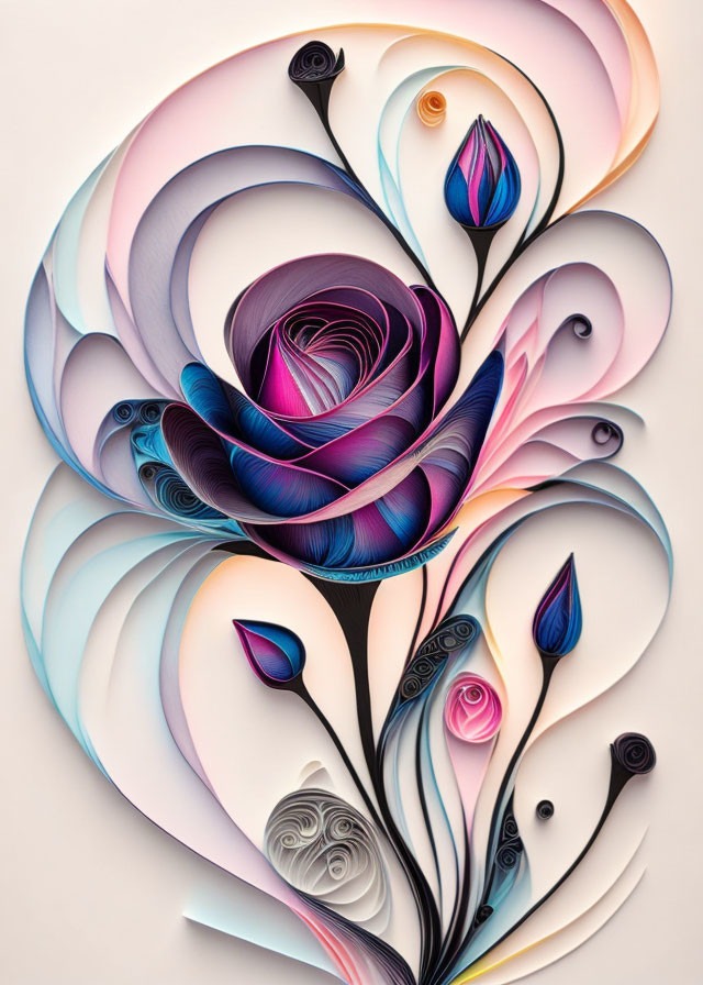 Vibrant paper art featuring stylized bouquet with intricate swirls and elegant central flower.