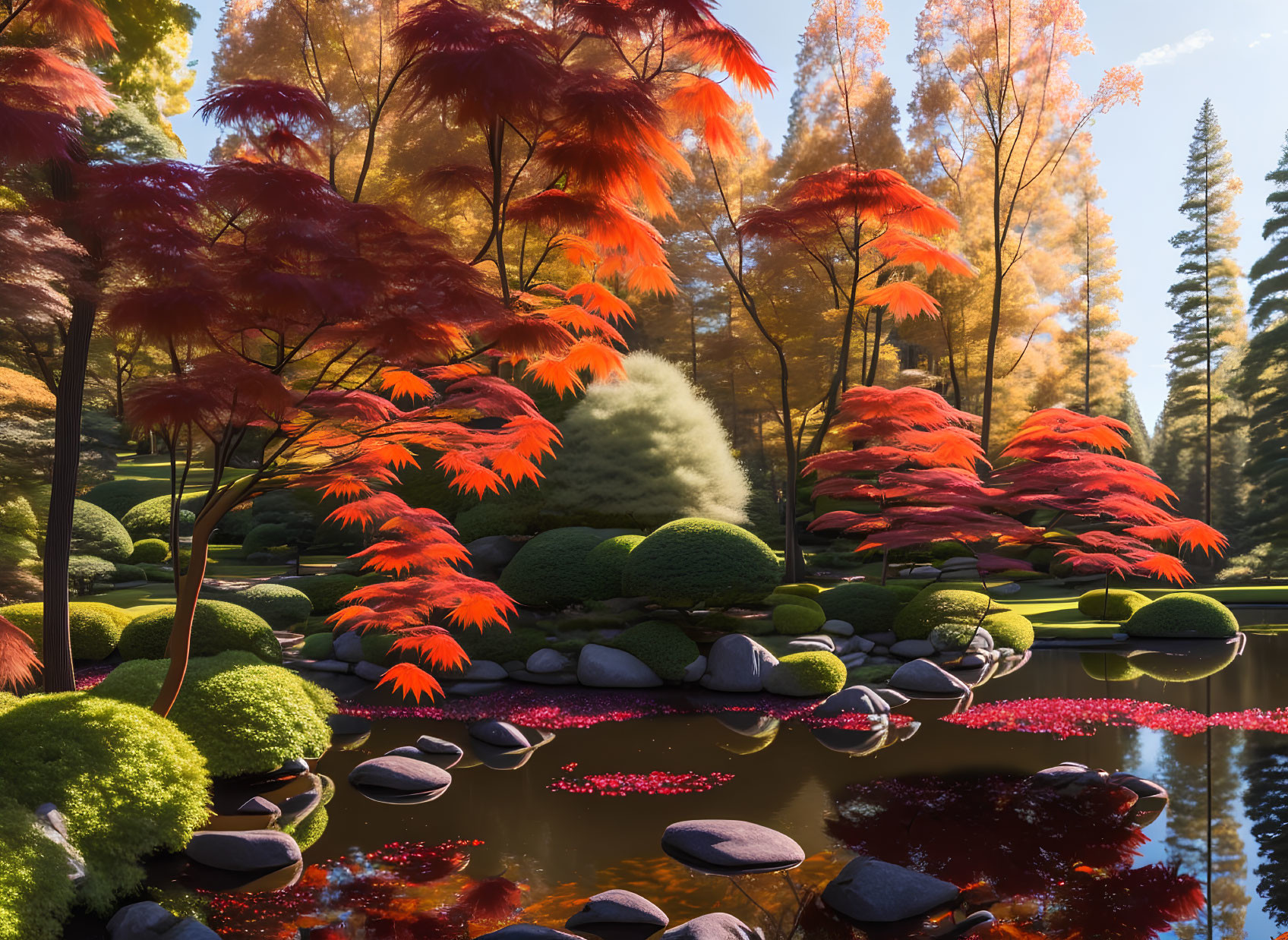 Tranquil garden with red maple trees, shrubs, stepping stones, and reflective pond.