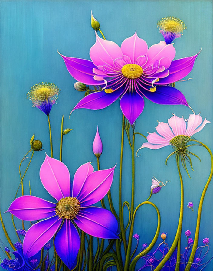 Colorful Stylized Pink and White Flower Painting on Blue Background