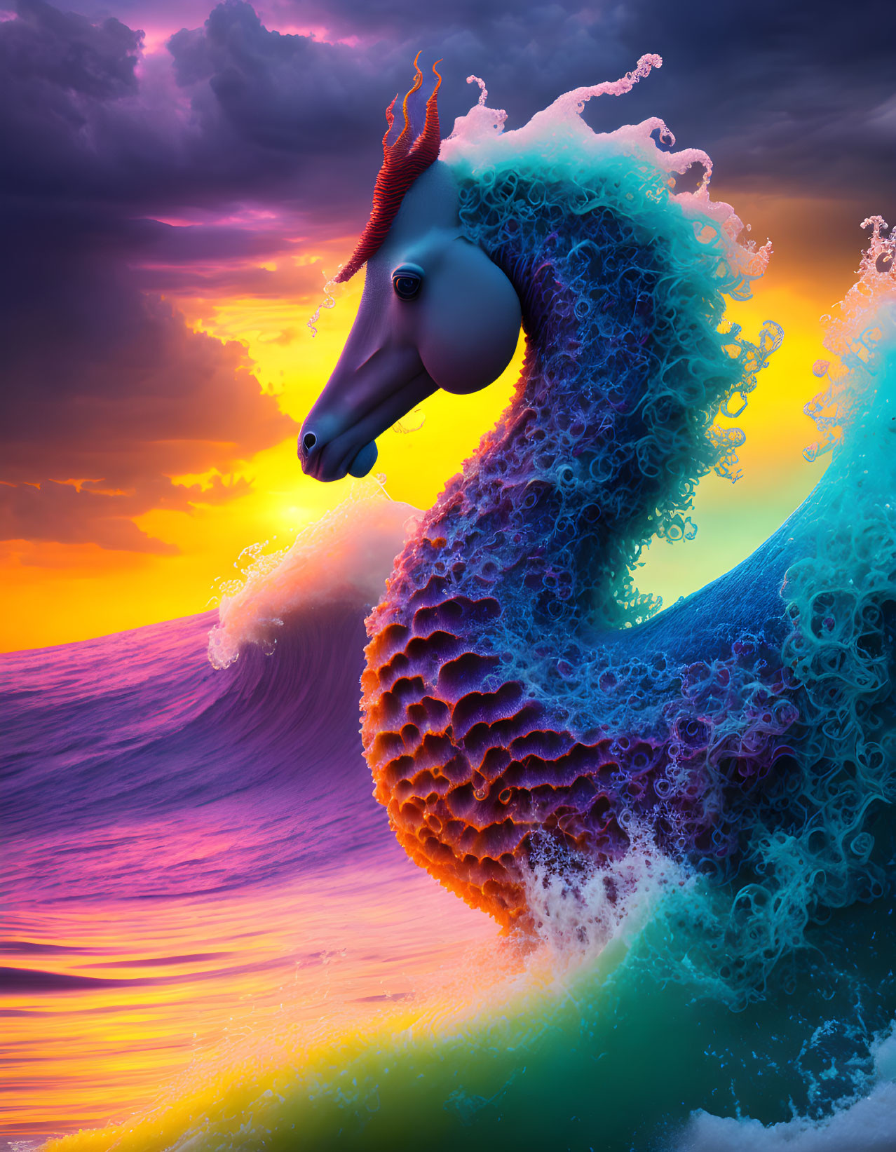 Surreal seahorse digital artwork with flowing mane in ocean waves at sunset