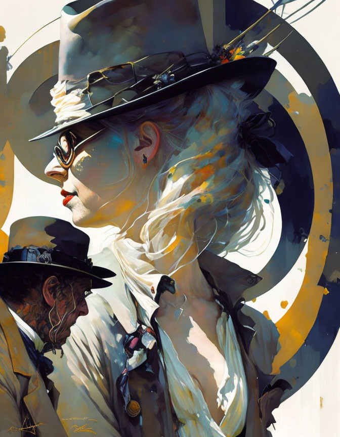 Abstract Stylized Illustration of Two Figures in Hats