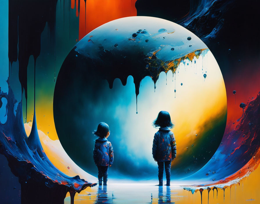 Children mesmerized by surreal colorful sphere in vibrant scene