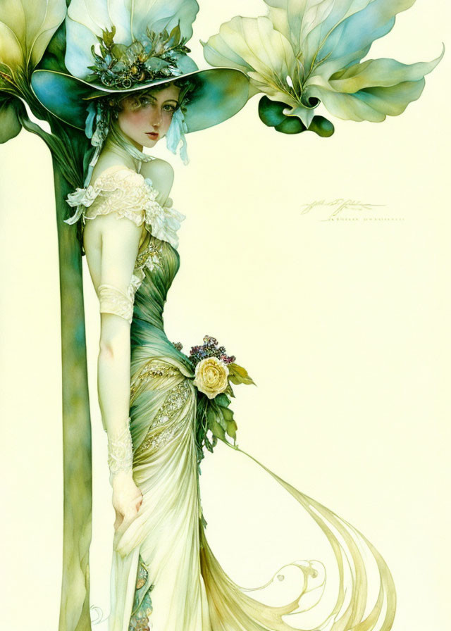 Ethereal illustration of woman with floral hat and flowing dress