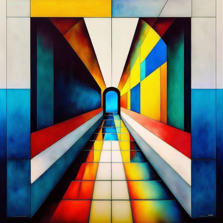 Colorful Geometric Tunnel Art in Bold Blues, Reds, and Yellows