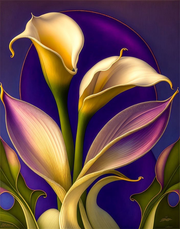 Calla lilies painting on purple backdrop with elegant lines