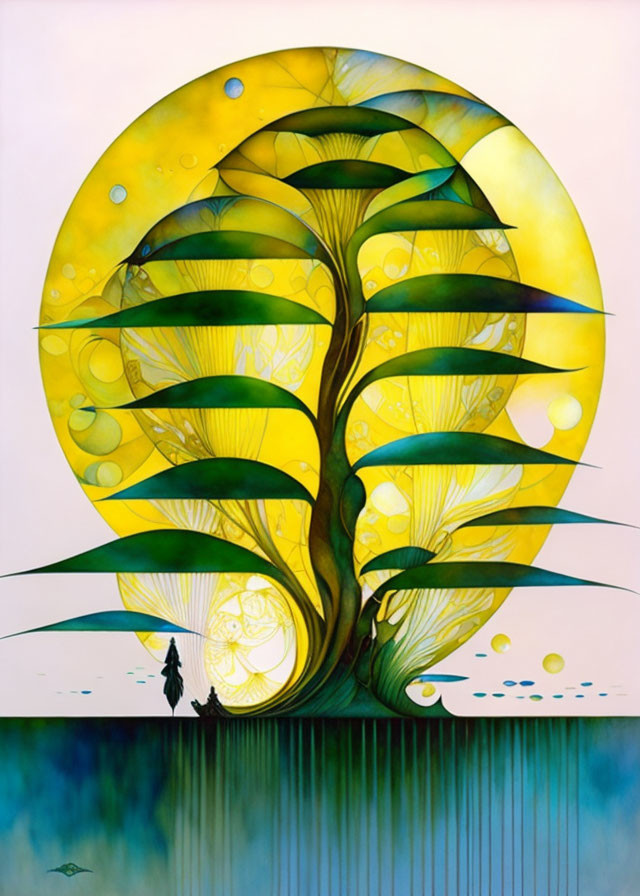 Colorful Tree Painting with Circular Patterns and Figures