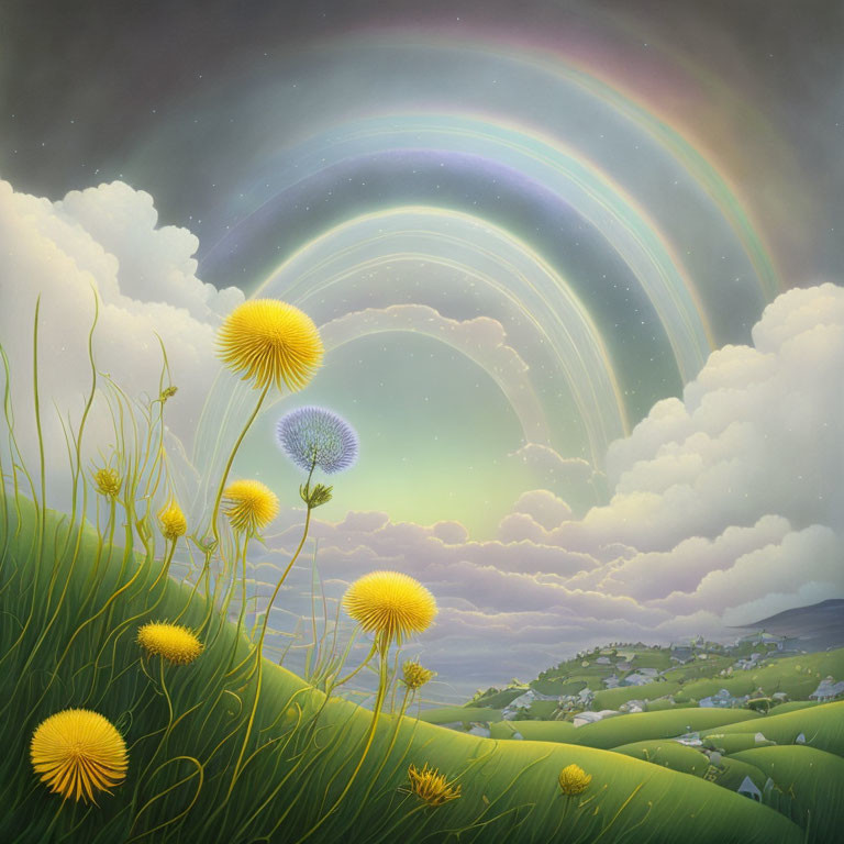 Vibrant rainbows over rolling green hills and flowers