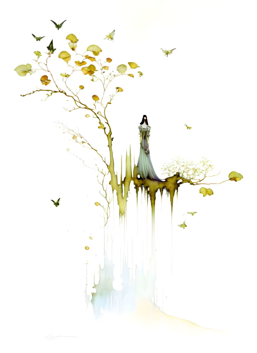 Surreal watercolor painting of woman on tree with butterflies