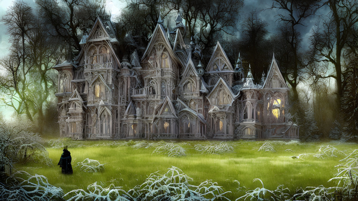 Gothic-style mansion in twilight forest with cloaked figure