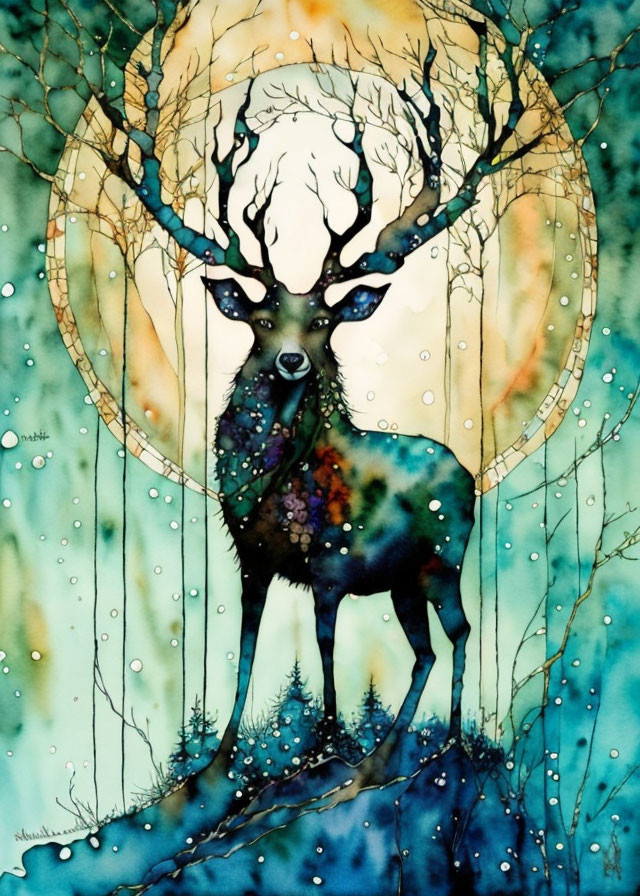 Mystical stag watercolor illustration with forest and celestial elements