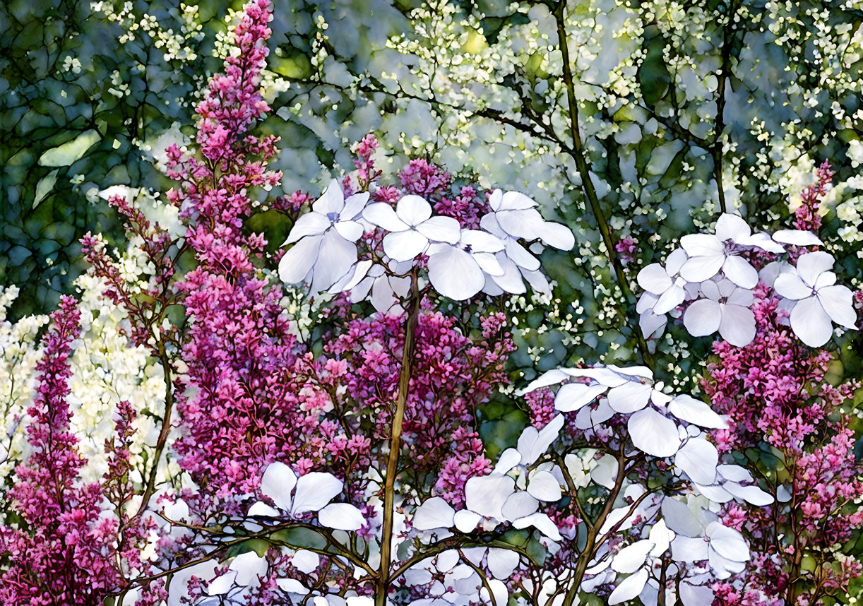 Pink and White Blooms in Lush Garden Setting