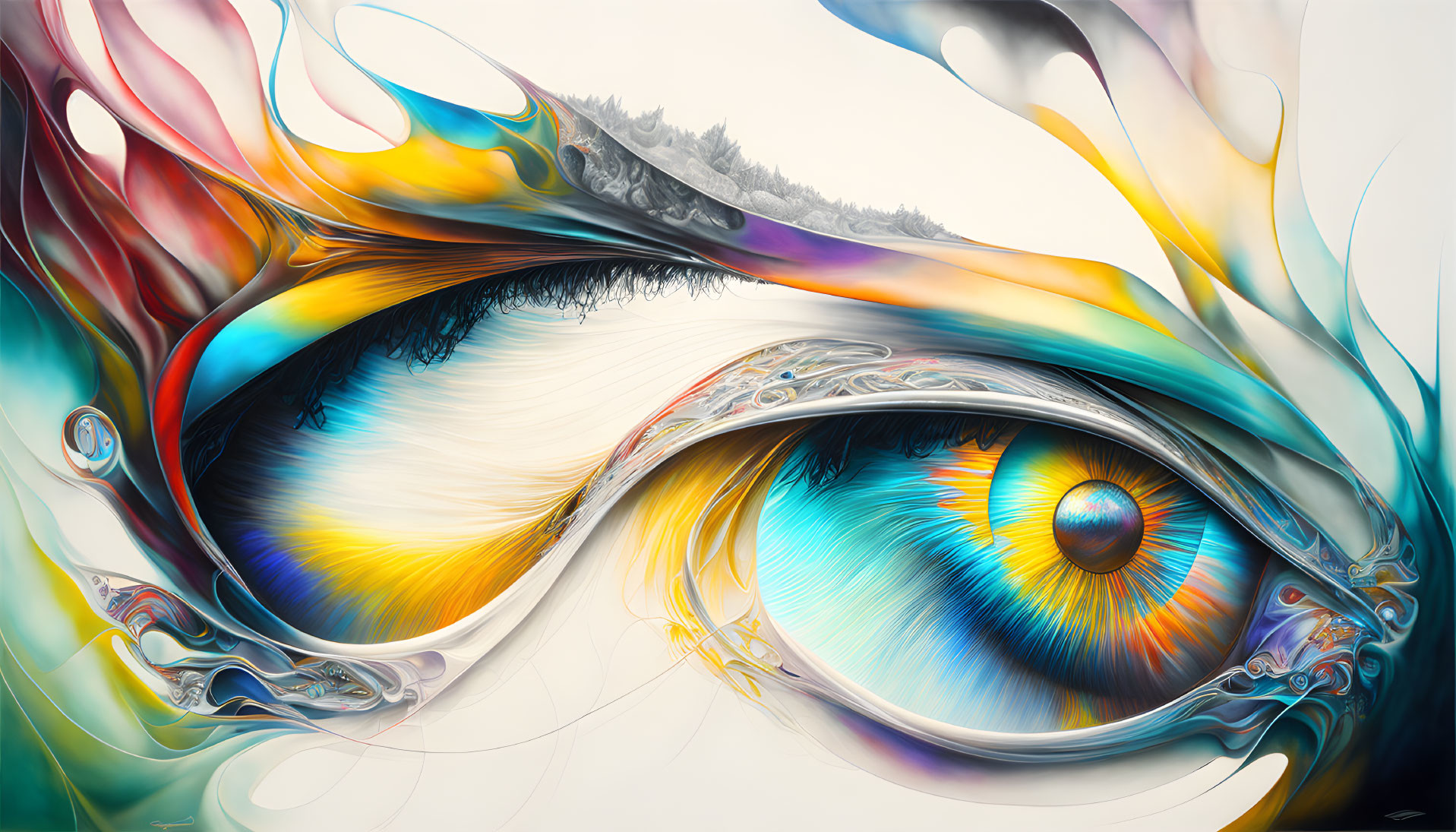 Colorful surreal eye painting with flowing shapes and intricate detail