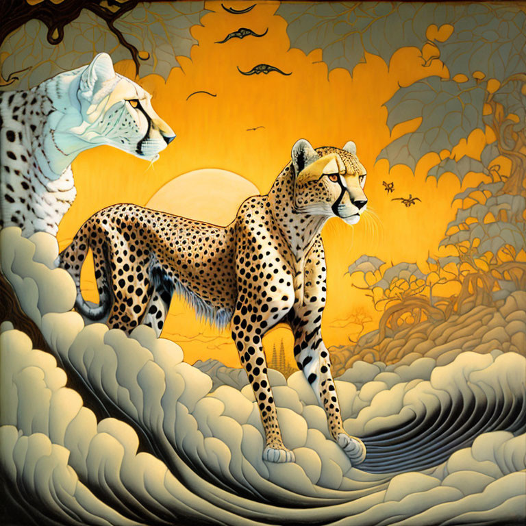 Surreal cheetah painting in autumn landscape with ghostly figure.