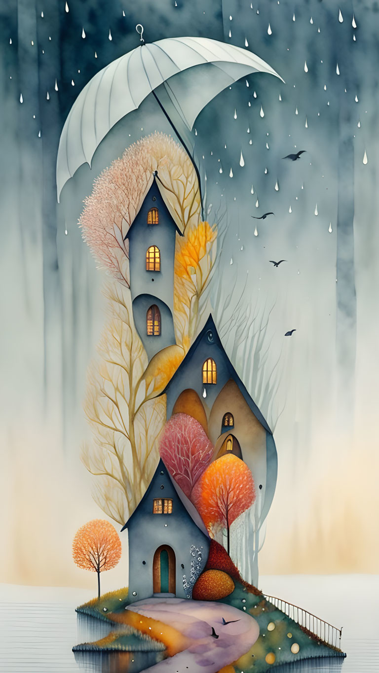 Illustration of tall narrow house with trees, giant umbrella, and raining fish