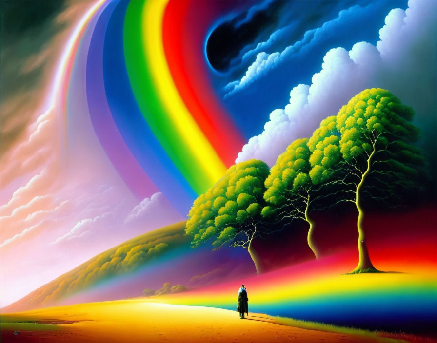 Colorful Landscape with Person under Large Rainbow and Trees