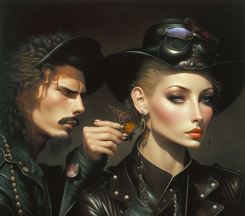 Steampunk couple with butterfly accessory in stylish attire