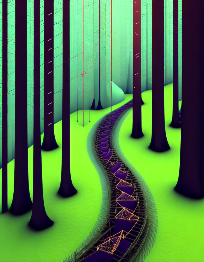 Vibrant digital art: Purple rail track in surreal green forest