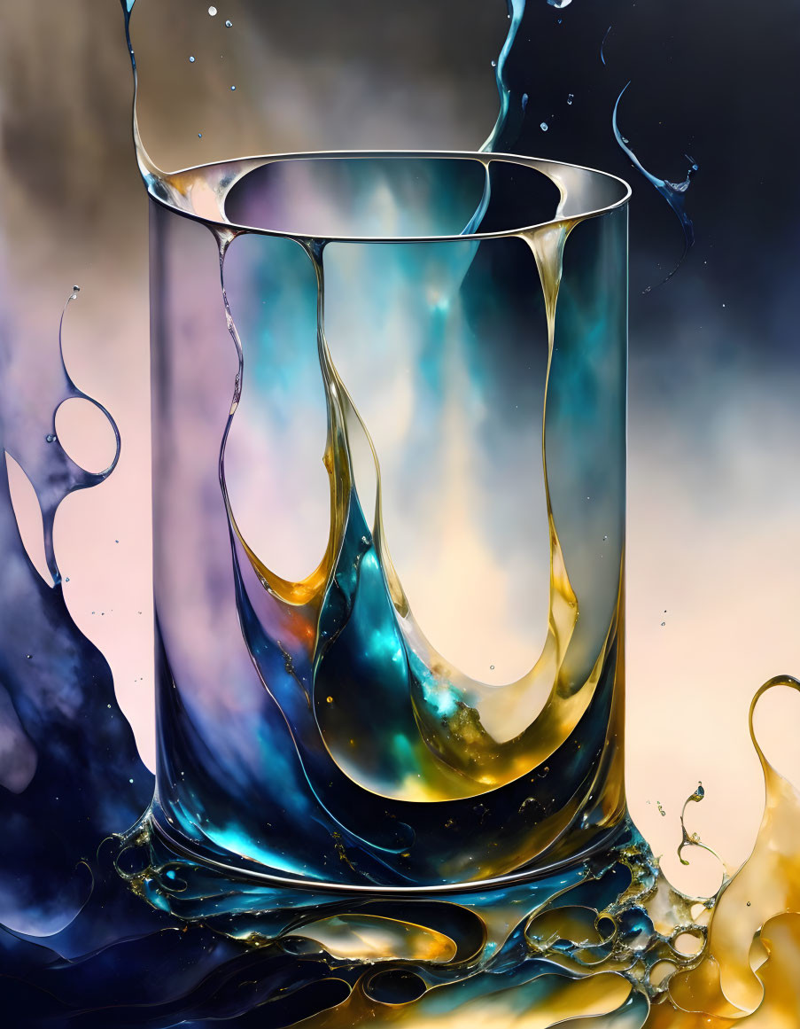 Swirling Blue and Gold Liquid in Translucent Glass on Smoky Background