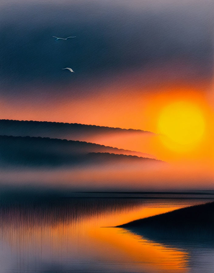 Tranquil sunset scene: misty lake, orange sun, silhouetted hills, flying