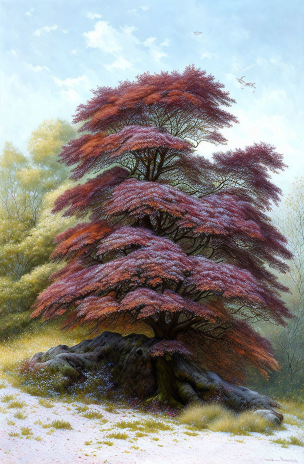 Majestic tree with pinkish-purple leaves in foggy landscape