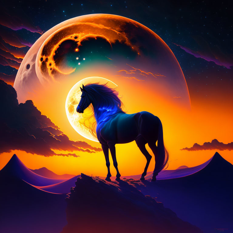 Majestic horse with glowing blue mane on hill under moon and sunset sky