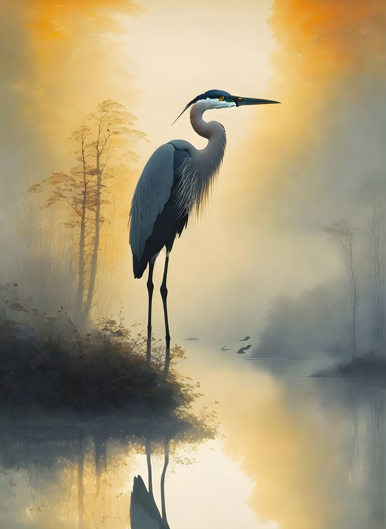 Majestic heron at water's edge in misty sunrise landscape