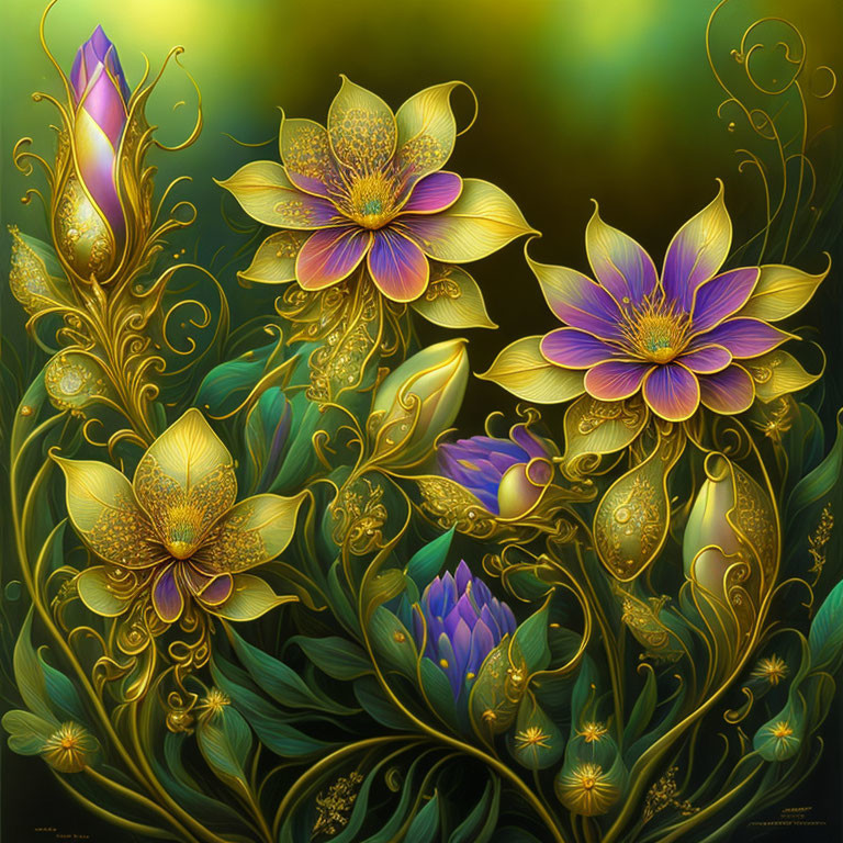 Colorful Stylized Flowers with Gold Accents on Dark Gradient Background